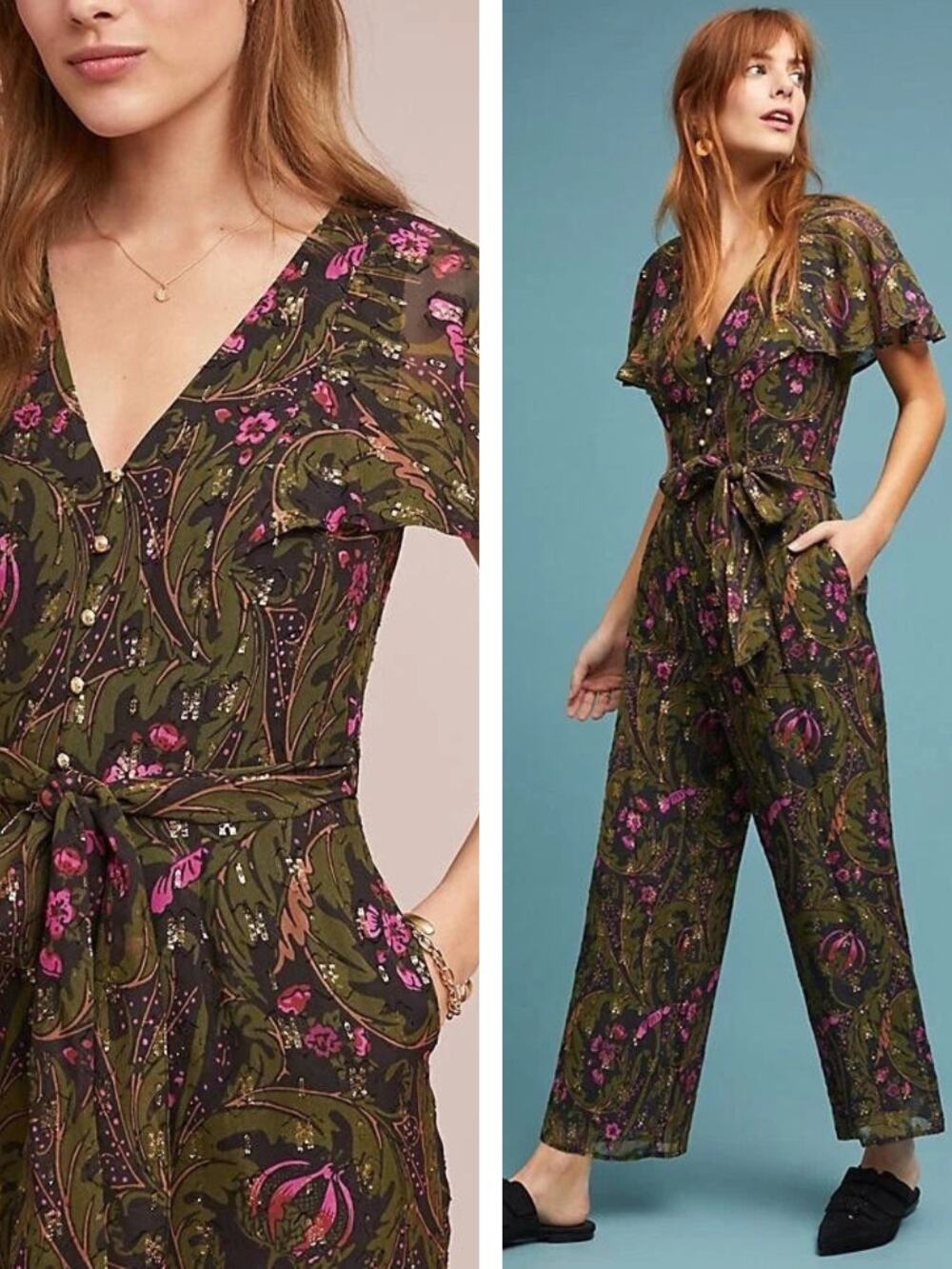 ANTHROPOLOGIE Ett:twa Floral Metallic Brenda Jumpsuit In Green Size 0